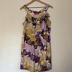 Elle Purple Chartreuse Brown Ruffle Sleeveless Mini Dress Sz Large Women